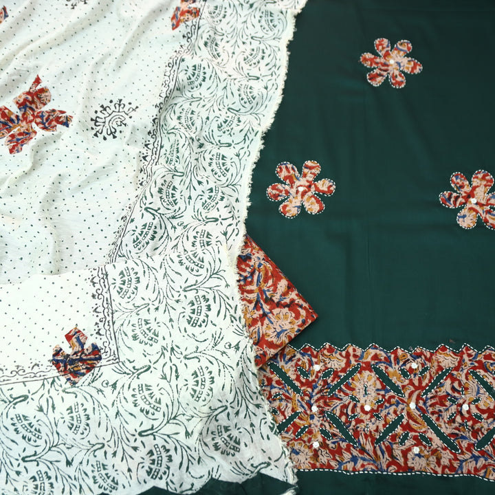 RoopSaloni Bottle Green Applique Patch Work Hem in Kalamkari Print Glazed Cotton Set