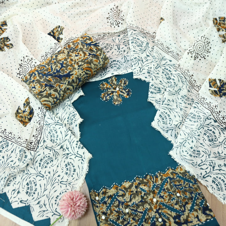 RoopSaloni Amber Blue Applique Patch Work Hem in Kalamkari Print Glazed Cotton Set