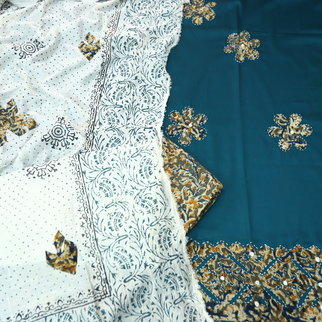 RoopSaloni Amber Blue Applique Patch Work Hem in Kalamkari Print Glazed Cotton Set