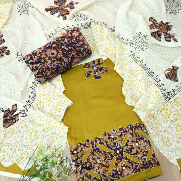 RoopSaloni Dijon Yellow Applique Patch Work Hem in Kalamkari Print Glazed Cotton Set
