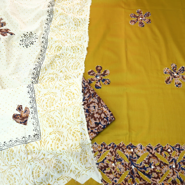 RoopSaloni Dijon Yellow Applique Patch Work Hem in Kalamkari Print Glazed Cotton Set