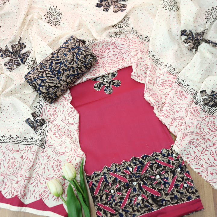 RoopSaloni Rouge Pink Applique Patch Work Hem in Kalamkari Print Glazed Cotton Set