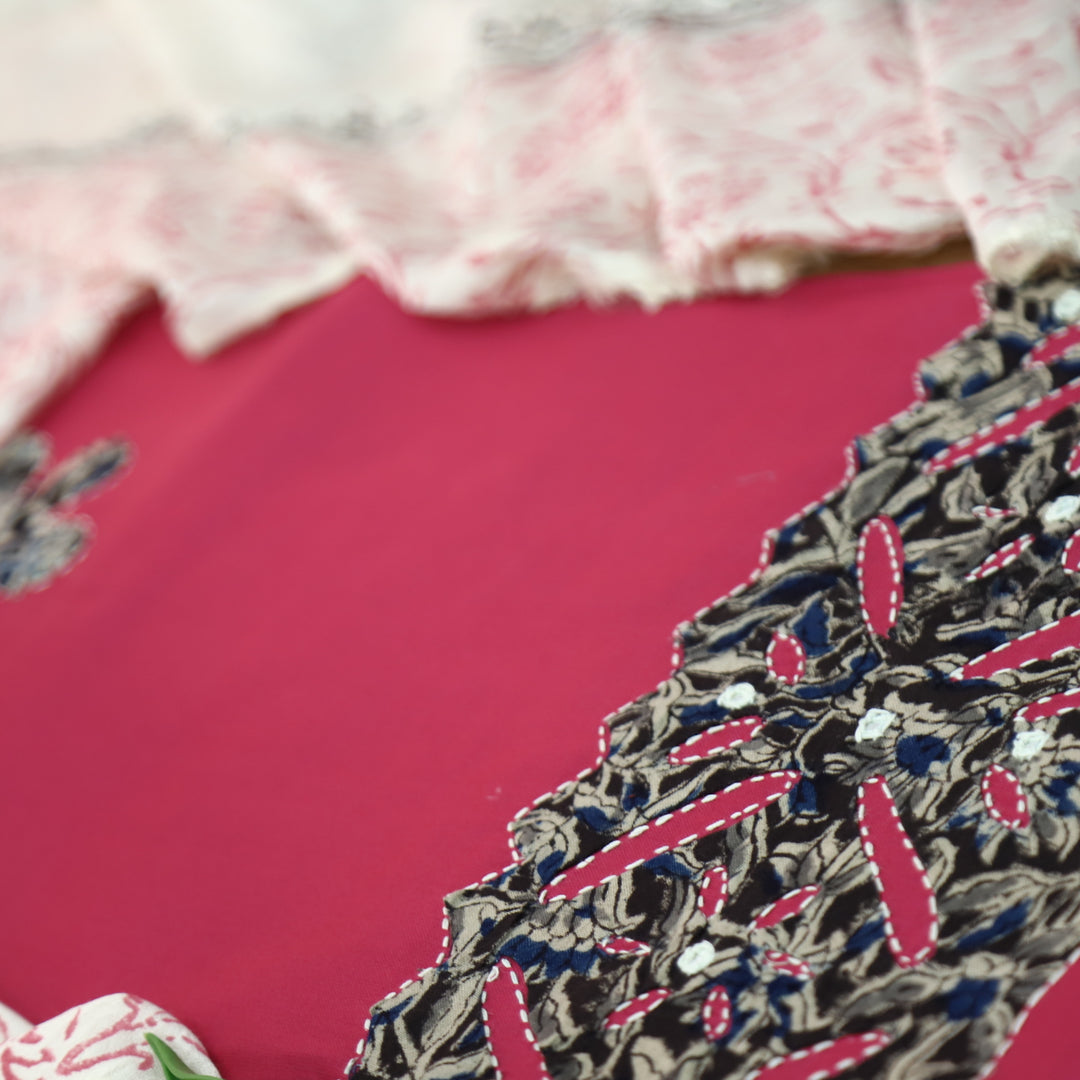 RoopSaloni Rouge Pink Applique Patch Work Hem in Kalamkari Print Glazed Cotton Set