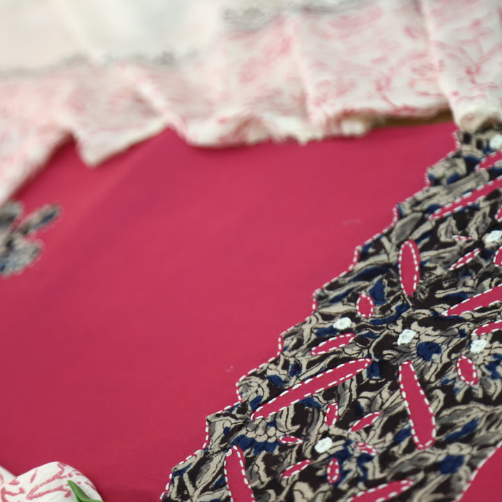 RoopSaloni Rouge Pink Applique Patch Work Hem in Kalamkari Print Glazed Cotton Set