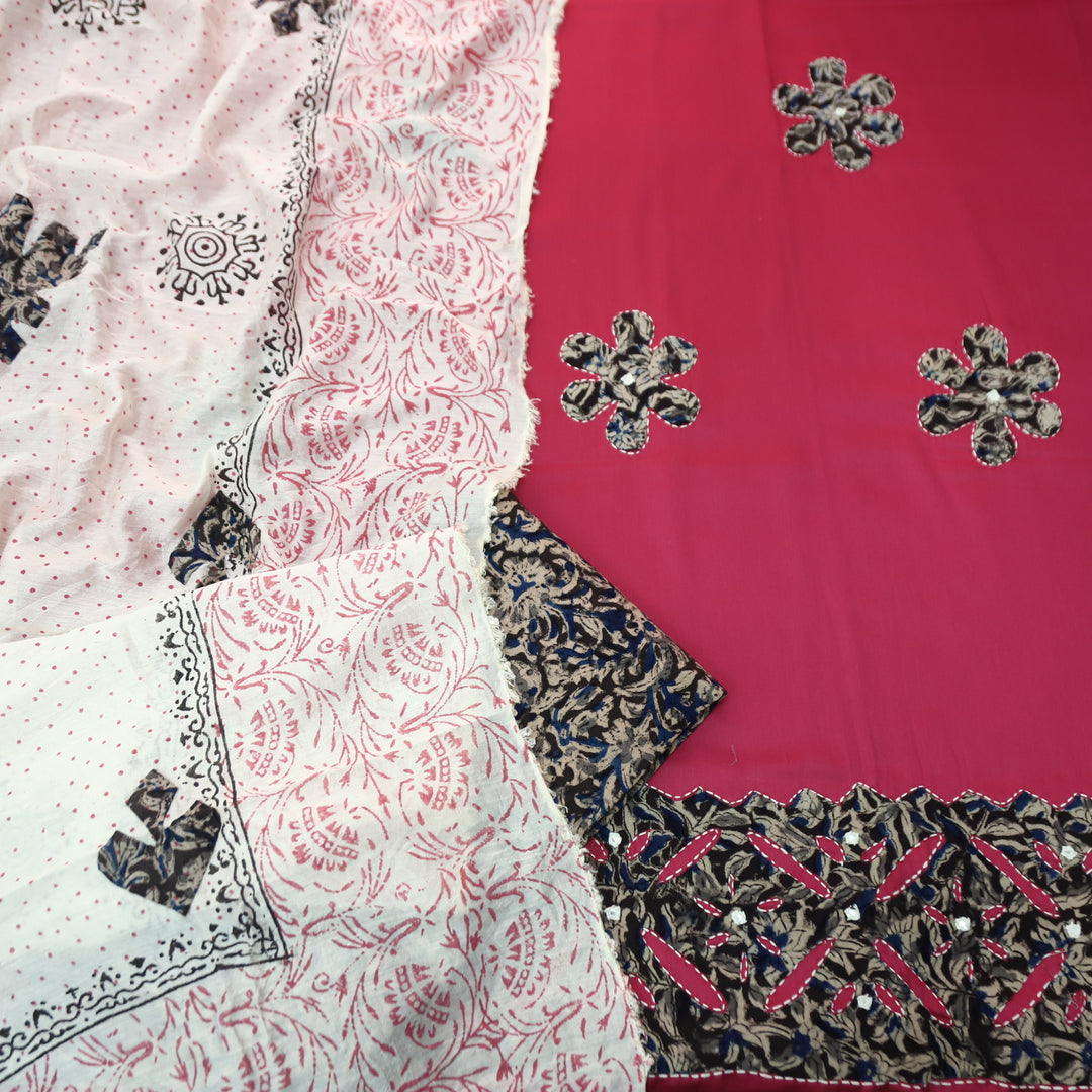 RoopSaloni Rouge Pink Applique Patch Work Hem in Kalamkari Print Glazed Cotton Set