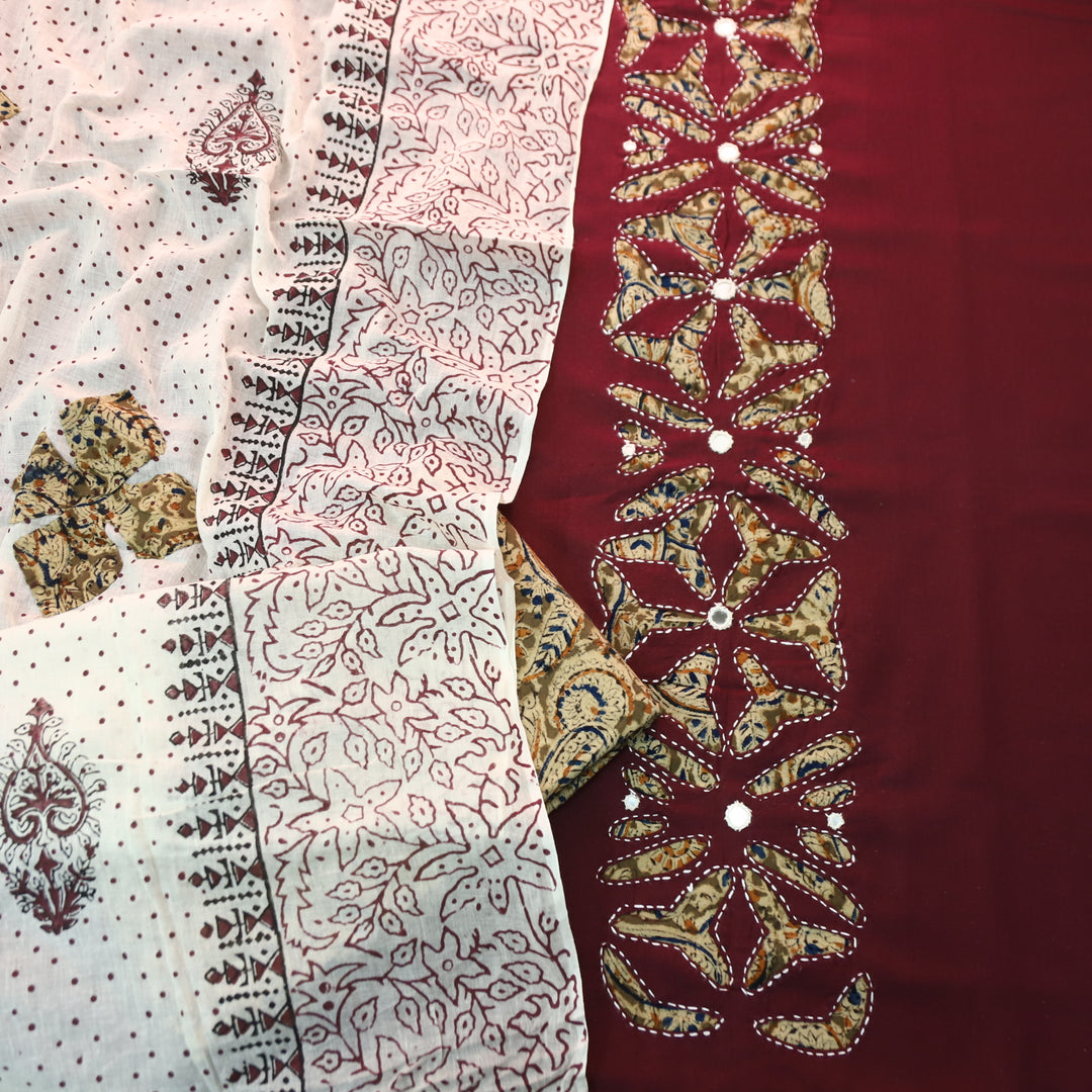 Saloni Wine Burgundy Kalamkari Print Patch Work with Mirror Cotton Suit Set