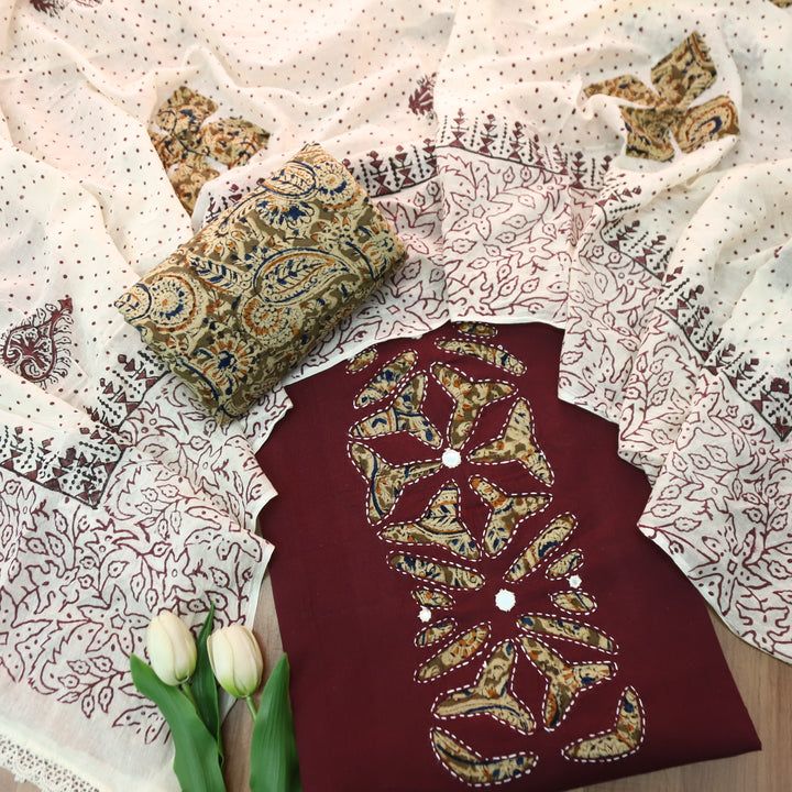 Saloni Wine Burgundy Kalamkari Print Patch Work with Mirror Cotton Suit Set