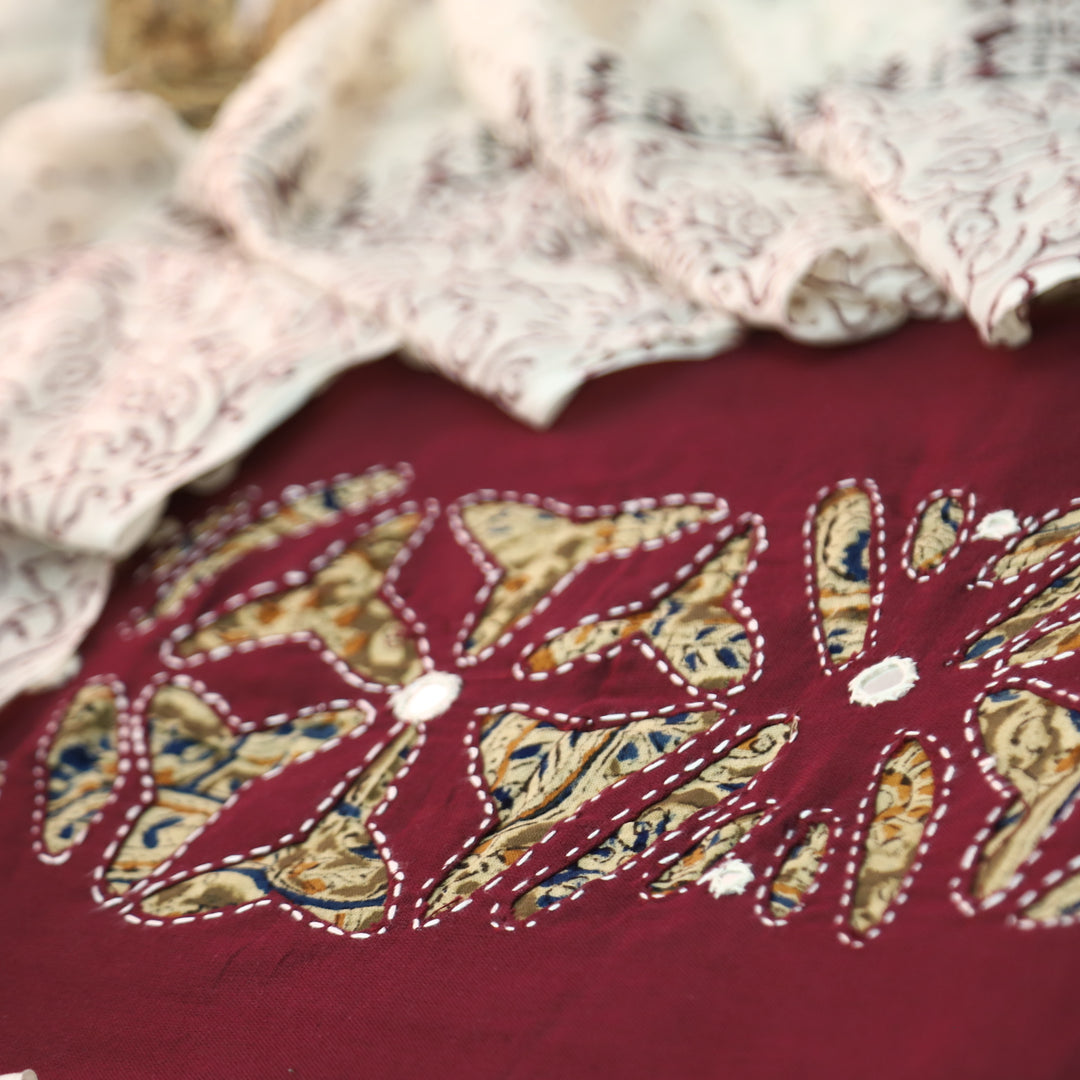 Saloni Wine Burgundy Kalamkari Print Patch Work with Mirror Cotton Suit Set