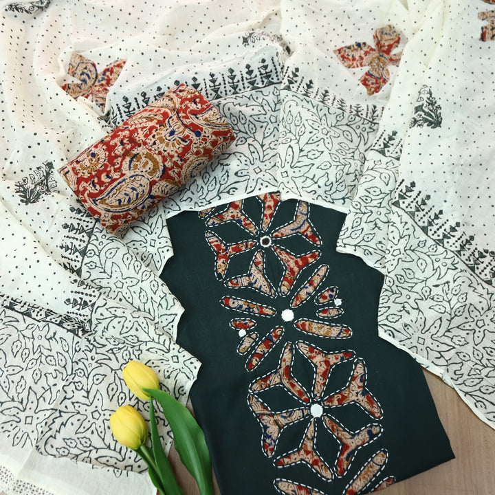 Saloni Sacramento Green Kalamkari Print Patch Work with Mirror Cotton Suit Set