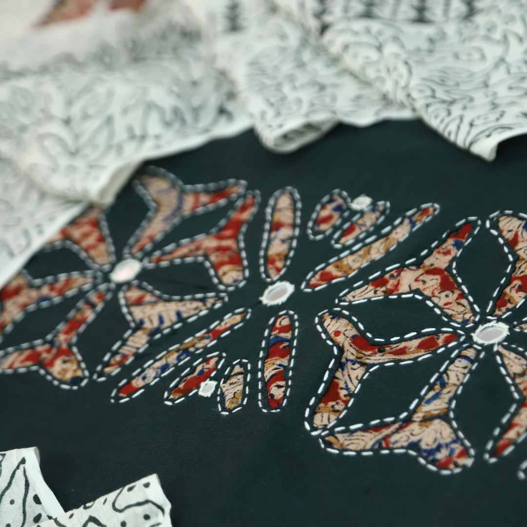 Saloni Sacramento Green Kalamkari Print Patch Work with Mirror Cotton Suit Set