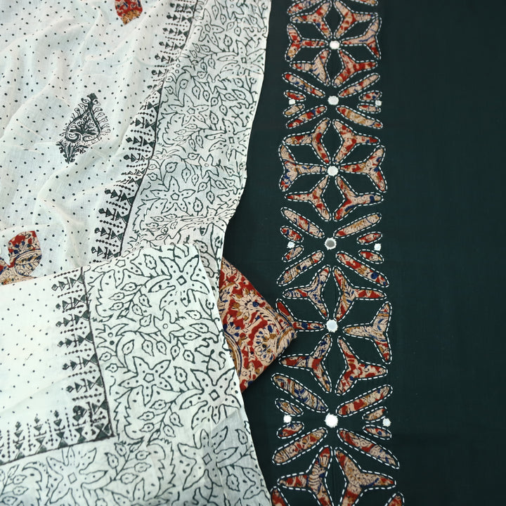 Saloni Sacramento Green Kalamkari Print Patch Work with Mirror Cotton Suit Set