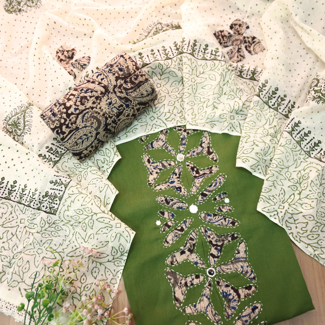 Saloni Deep Leaf Green Kalamkari Print Patch Work with Mirror Cotton Suit Set