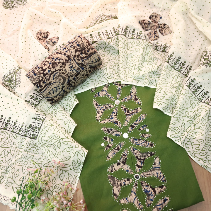 Saloni Deep Leaf Green Kalamkari Print Patch Work with Mirror Cotton Suit Set