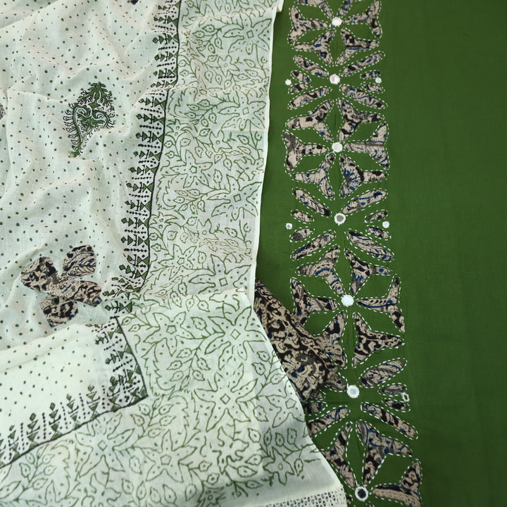 Saloni Deep Leaf Green Kalamkari Print Patch Work with Mirror Cotton Suit Set