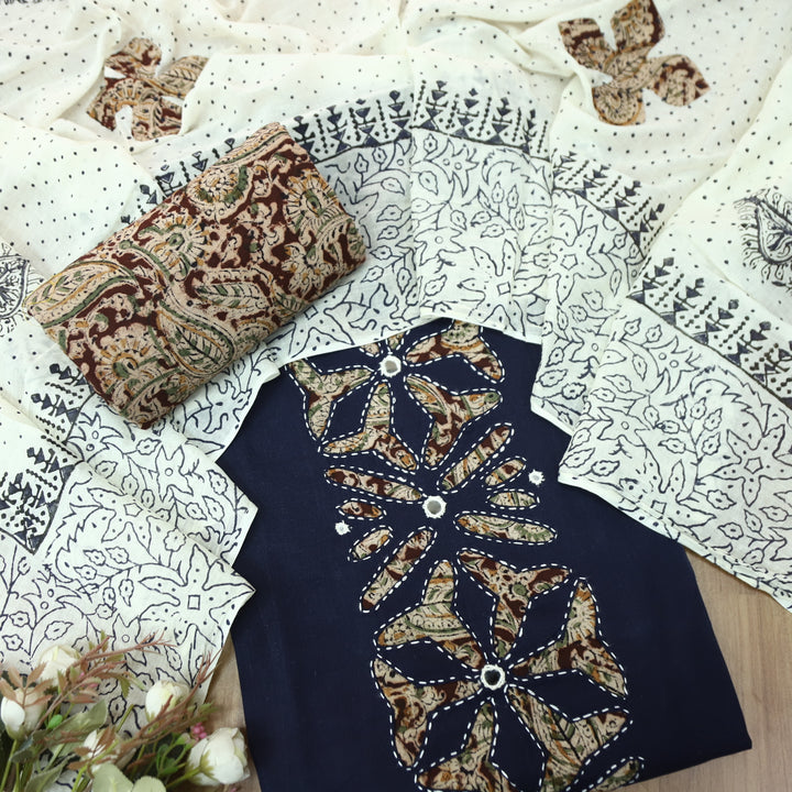 Saloni Dark Royal Blue Kalamkari Print Patch Work with Mirror Cotton Suit Set