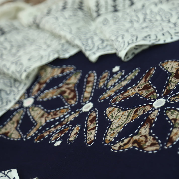 Saloni Dark Royal Blue Kalamkari Print Patch Work with Mirror Cotton Suit Set