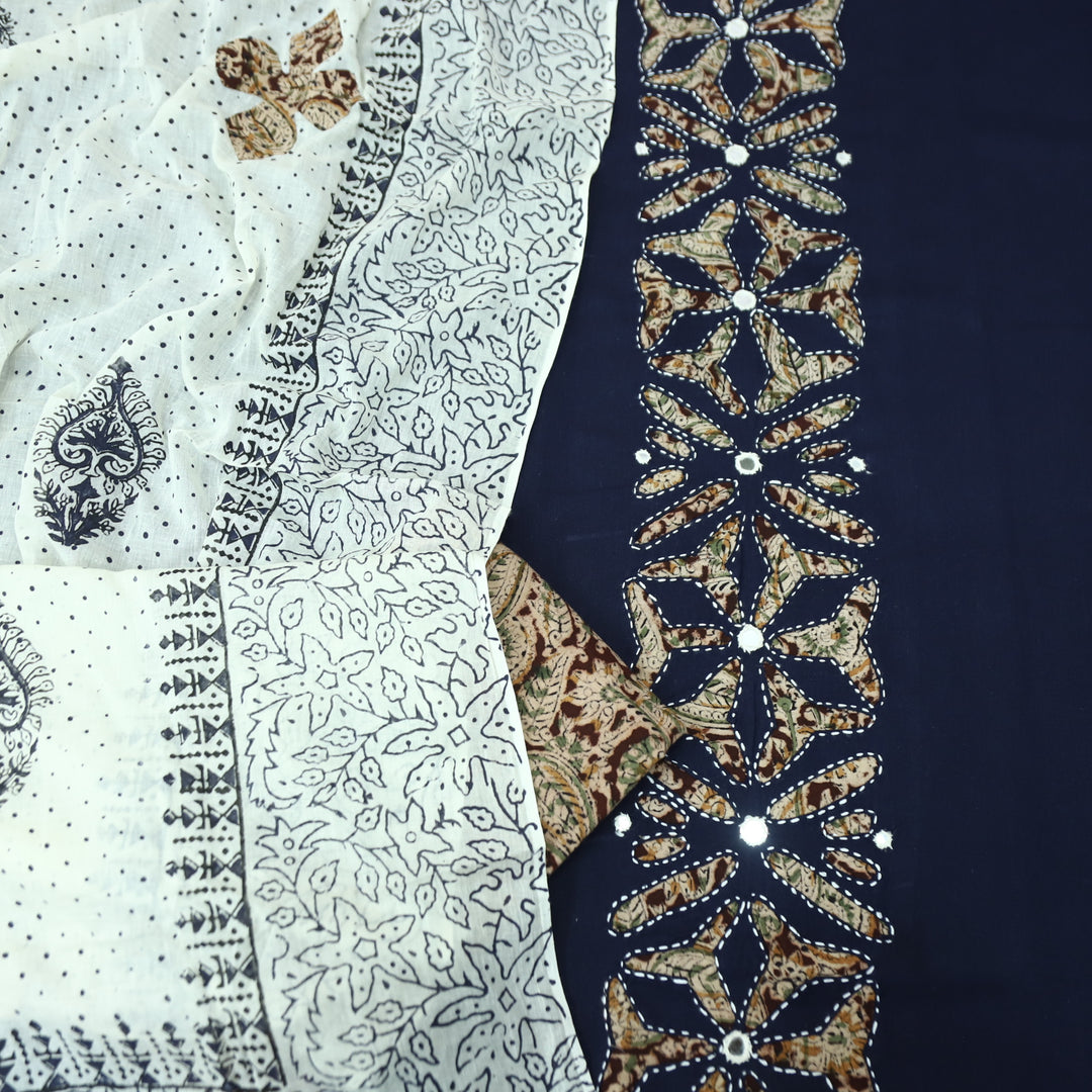 Saloni Dark Royal Blue Kalamkari Print Patch Work with Mirror Cotton Suit Set