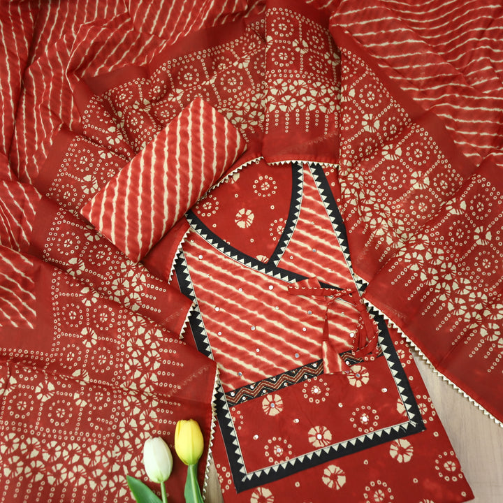 Laazmi Cherry Red Leheriya Print Angrakha Yoke on Bandhani Print Cotton Set