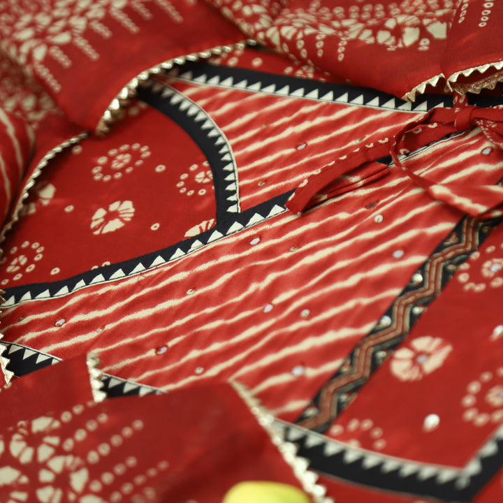 Laazmi Cherry Red Leheriya Print Angrakha Yoke on Bandhani Print Cotton Set