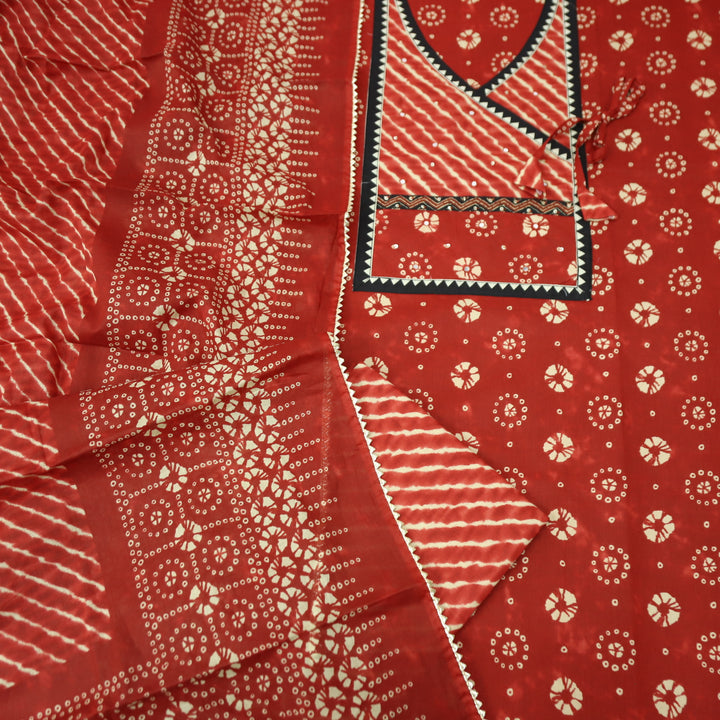 Laazmi Cherry Red Leheriya Print Angrakha Yoke on Bandhani Print Cotton Set