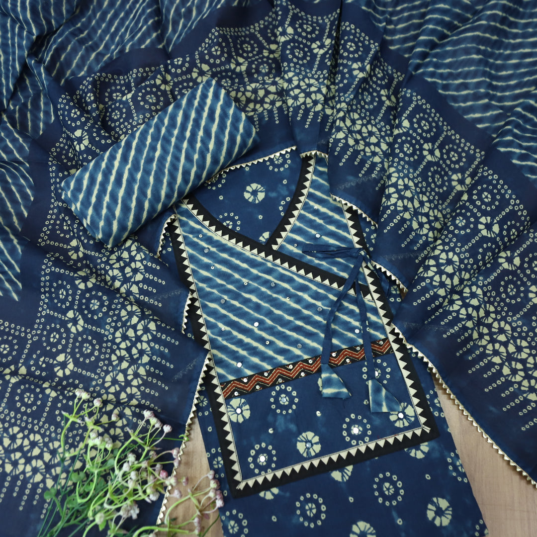 Laazmi Denim Blue Leheriya Print Angrakha Yoke on Bandhani Print Cotton Set