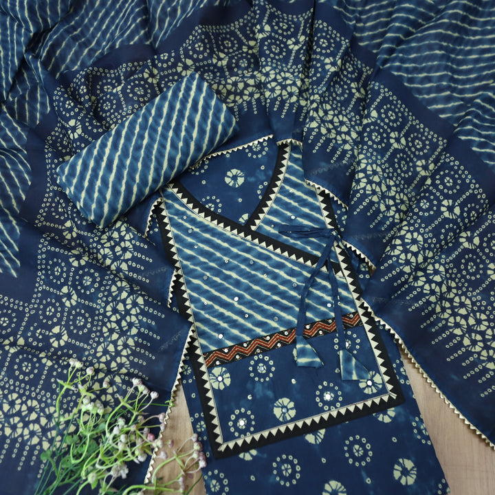 Laazmi Denim Blue Leheriya Print Angrakha Yoke on Bandhani Print Cotton Set