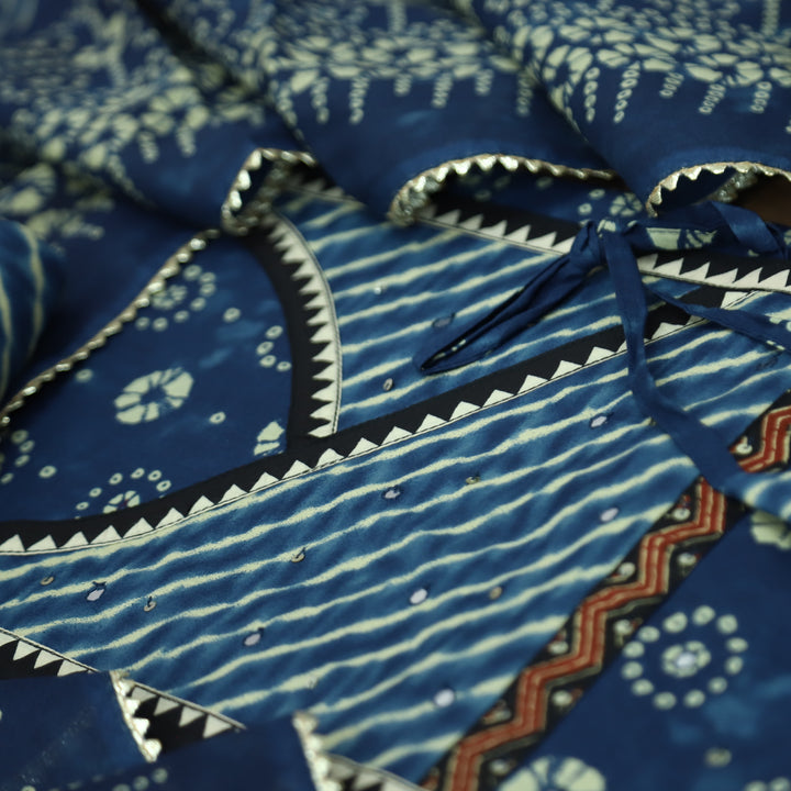 Laazmi Denim Blue Leheriya Print Angrakha Yoke on Bandhani Print Cotton Set