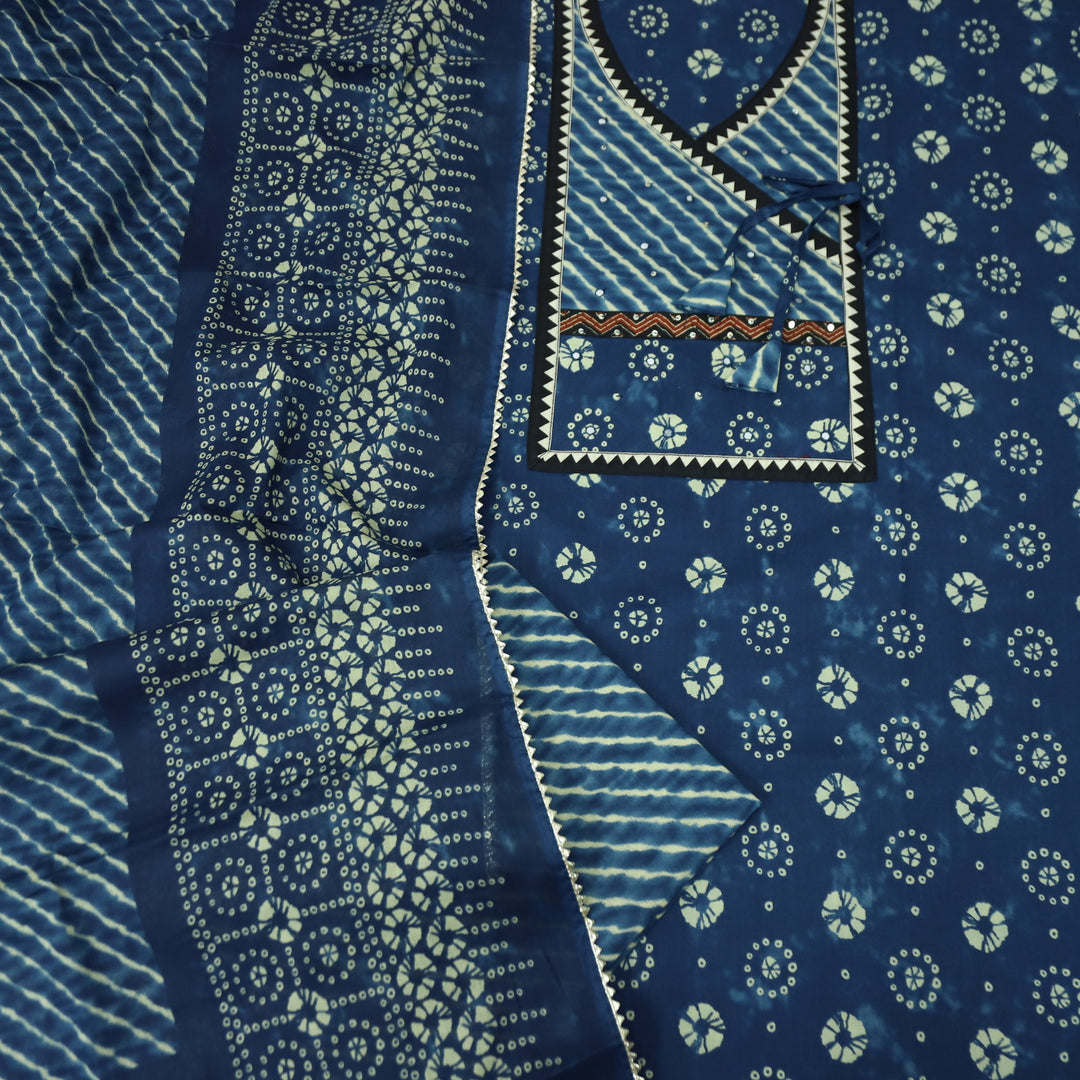 Laazmi Denim Blue Leheriya Print Angrakha Yoke on Bandhani Print Cotton Set