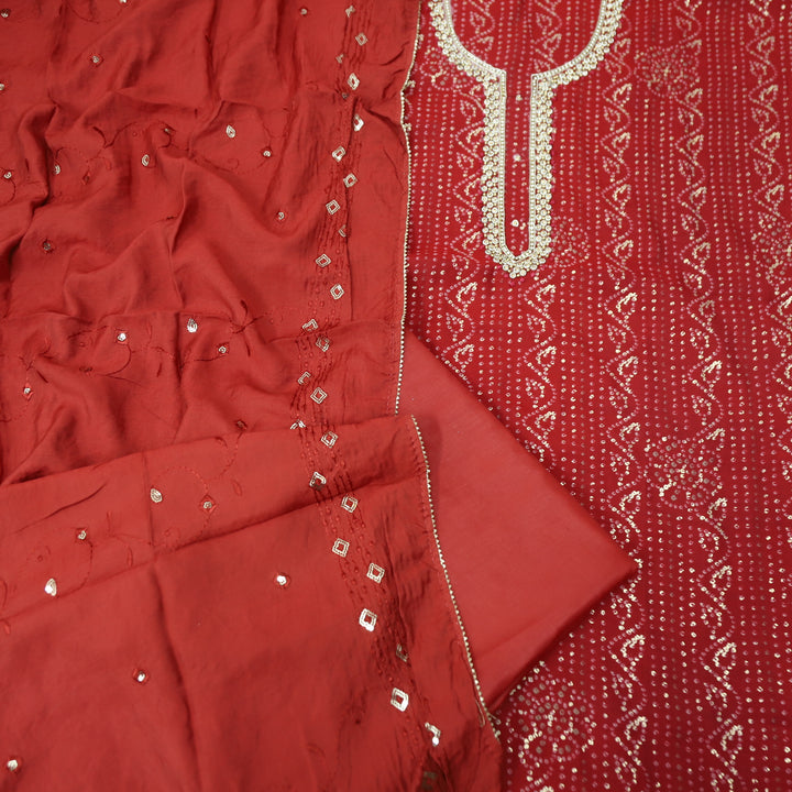 Sourya Dark Maroon Stone Embellished Neck with Bandhani Print and Foli Work Modal Set