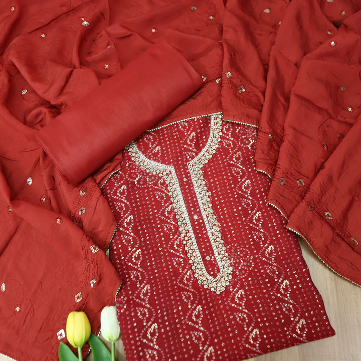 Sourya Dark Maroon Stone Embellished Neck with Bandhani Print and Foli Work Modal Set