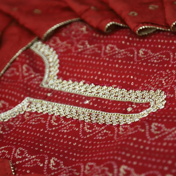 Sourya Dark Maroon Stone Embellished Neck with Bandhani Print and Foli Work Modal Set
