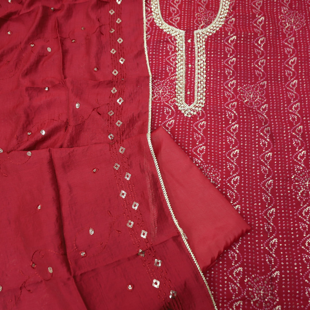 Sourya Magenta Pink Stone Embellished Neck with Bandhani Print and Foli Work Modal Set