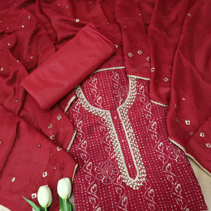 Sourya Magenta Pink Stone Embellished Neck with Bandhani Print and Foli Work Modal Set