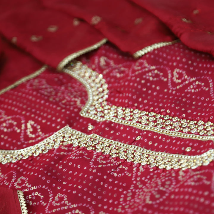 Sourya Magenta Pink Stone Embellished Neck with Bandhani Print and Foli Work Modal Set