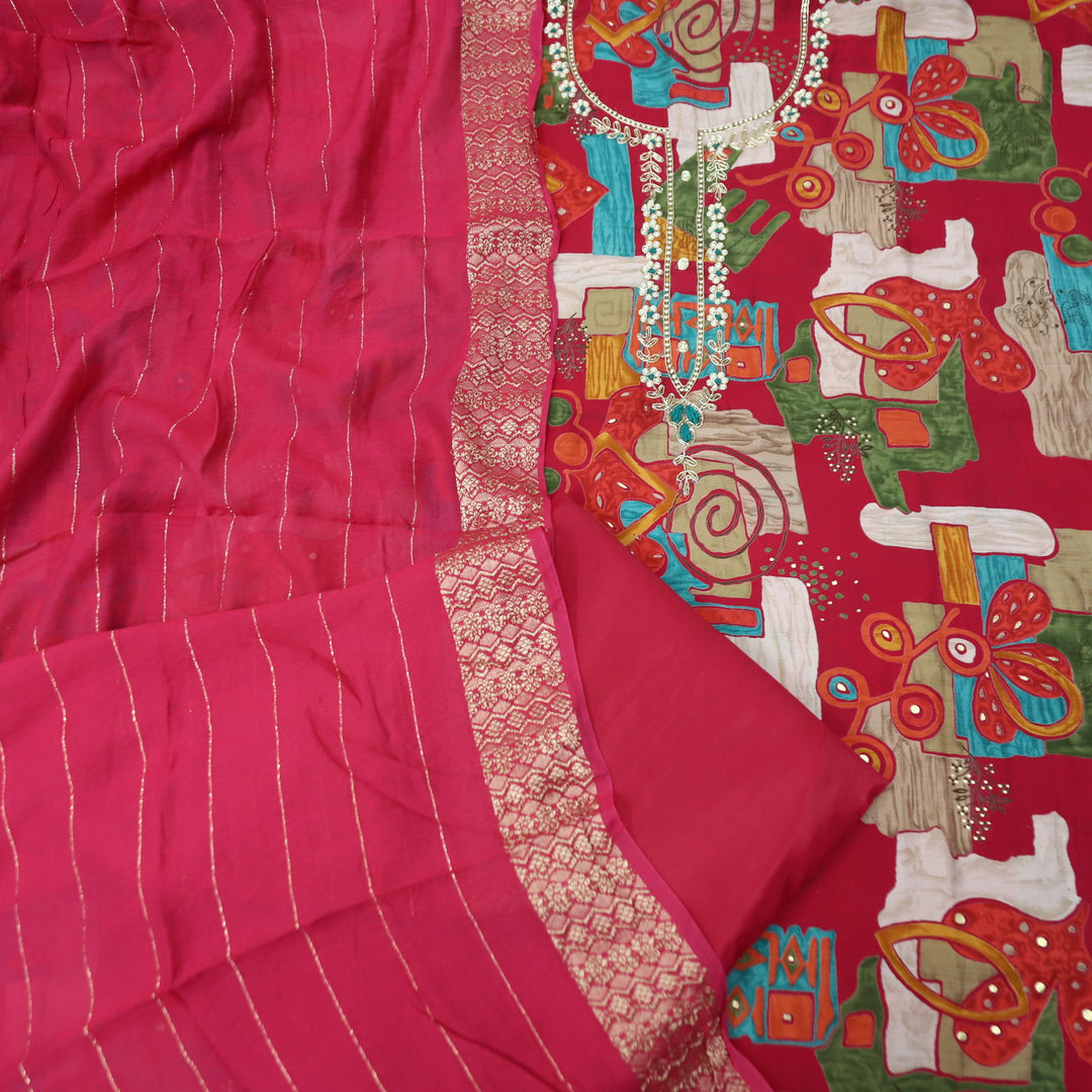 Sourya Rani Pink Embellished Neckline with Zari and Moti Abstract Print Modal Set
