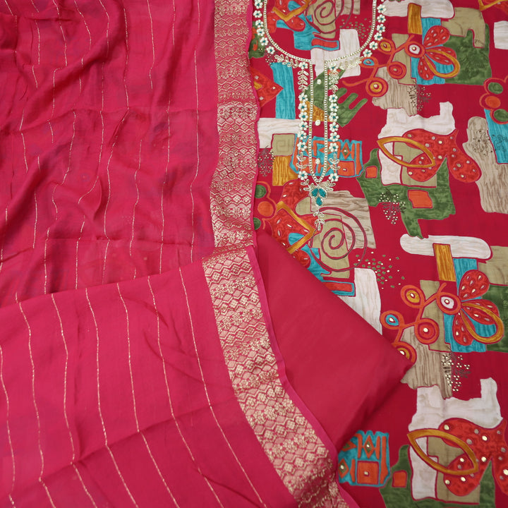 Sourya Rani Pink Embellished Neckline with Zari and Moti Abstract Print Modal Set