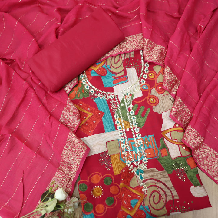 Sourya Rani Pink Embellished Neckline with Zari and Moti Abstract Print Modal Set