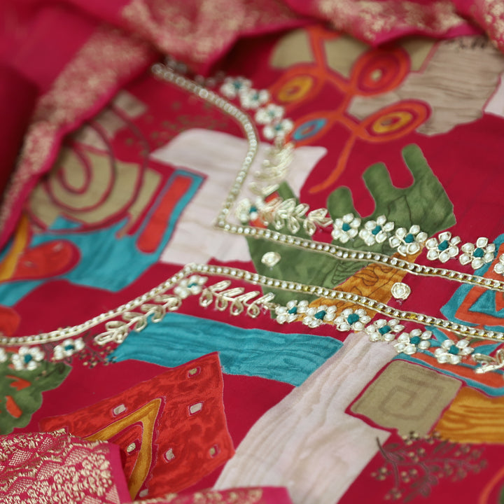 Sourya Rani Pink Embellished Neckline with Zari and Moti Abstract Print Modal Set