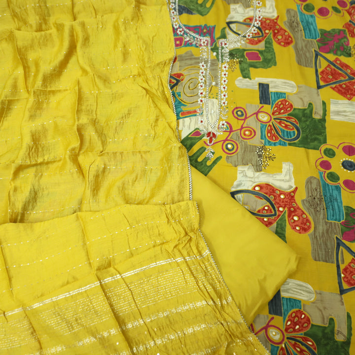 Sourya Bright Yellow Embellished Neckline with Zari and Moti Abstract Print Modal Set