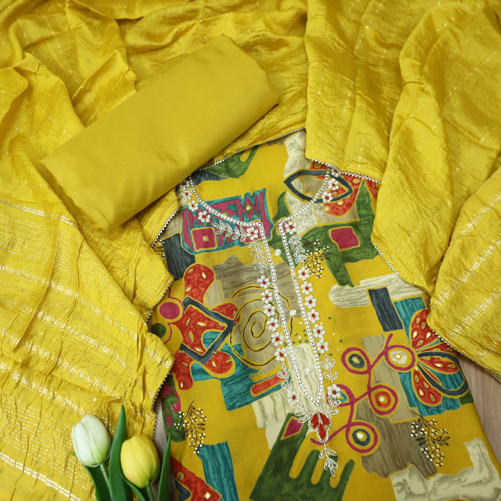 Sourya Bright Yellow Embellished Neckline with Zari and Moti Abstract Print Modal Set