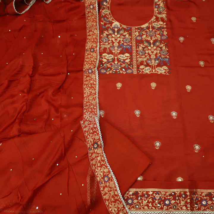 Naari Rust Orange All Over Zari and Thread Weaved Work Dola Silk Suit Set