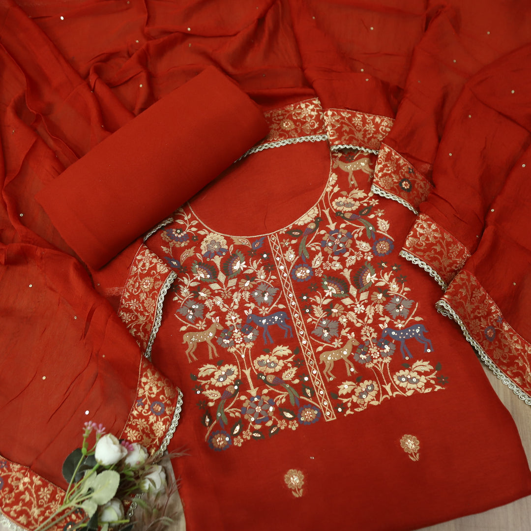 Naari Rust Orange All Over Zari and Thread Weaved Work Dola Silk Suit Set