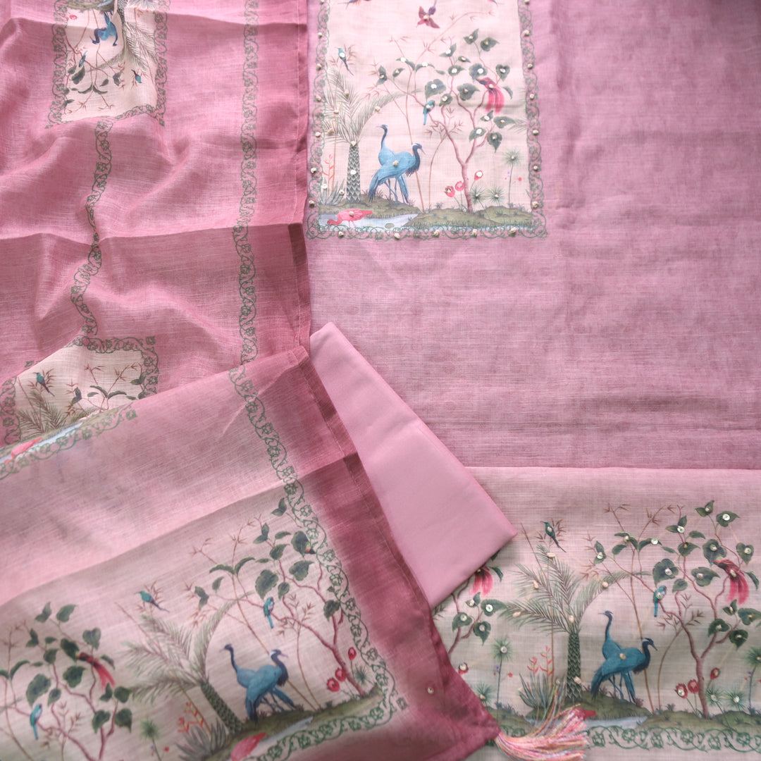 Rangoli Rosy Pink Sequine Work on Neck with Bird Print Cotton Linen Suit Set