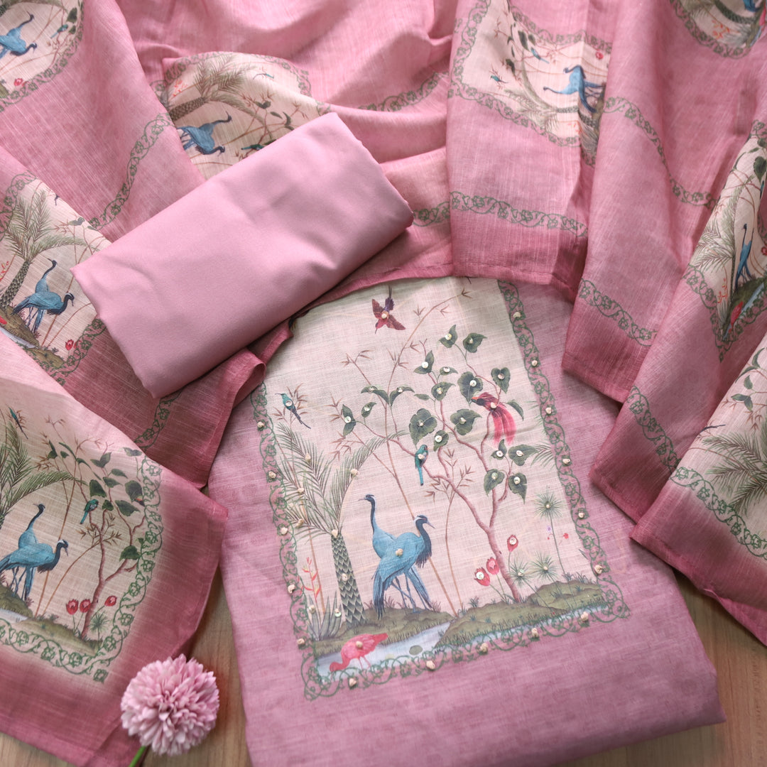 Rangoli Rosy Pink Sequine Work on Neck with Bird Print Cotton Linen Suit Set