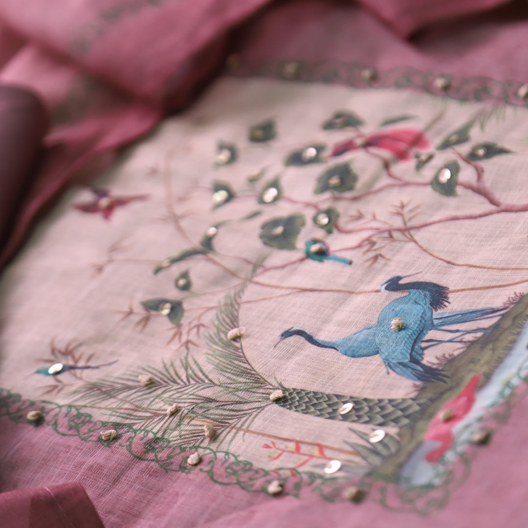 Rangoli Rosy Pink Sequine Work on Neck with Bird Print Cotton Linen Suit Set