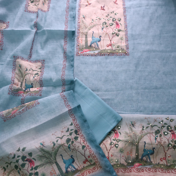 Rangoli Sapphire Blue Sequine Work on Neck with Bird Print Cotton Linen Suit Set