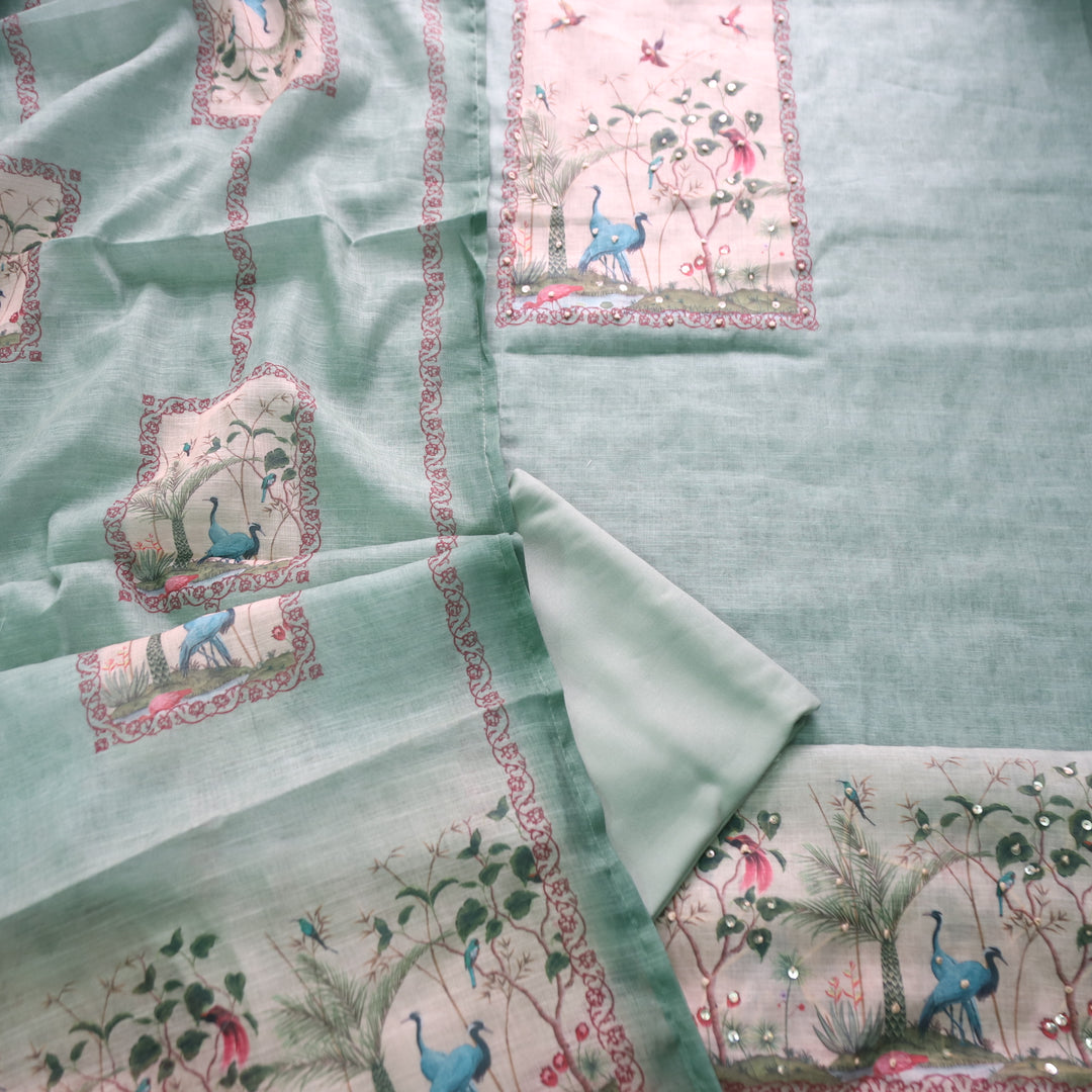 Rangoli Mint Green Sequine Work on Neck with Bird Print Cotton Linen Suit Set