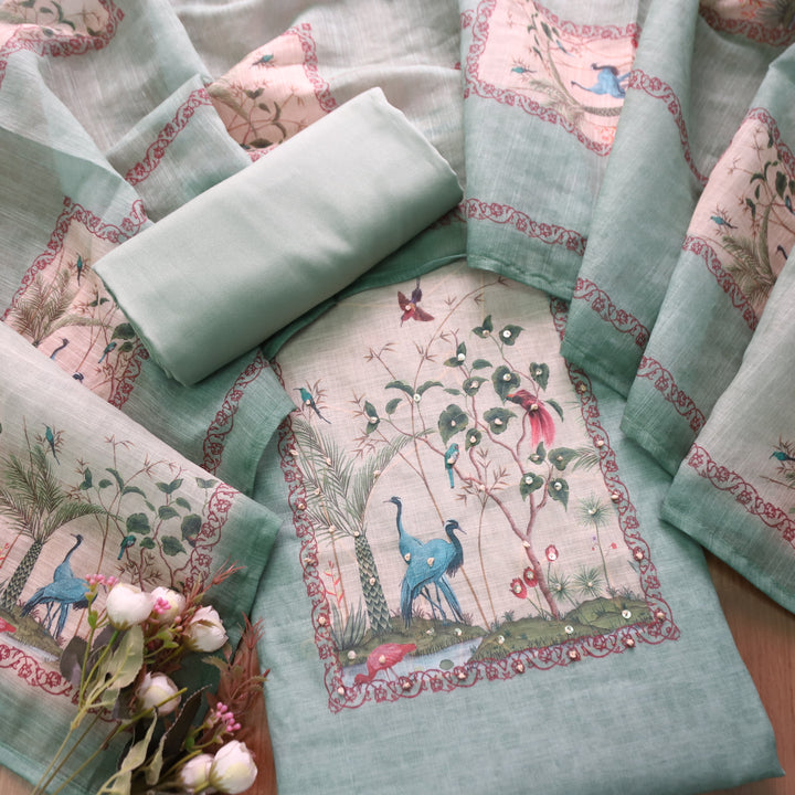 Rangoli Mint Green Sequine Work on Neck with Bird Print Cotton Linen Suit Set