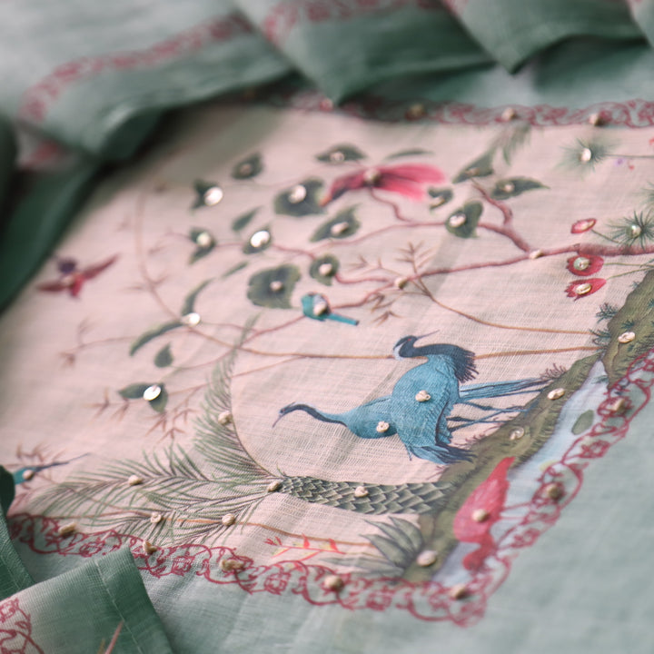 Rangoli Mint Green Sequine Work on Neck with Bird Print Cotton Linen Suit Set