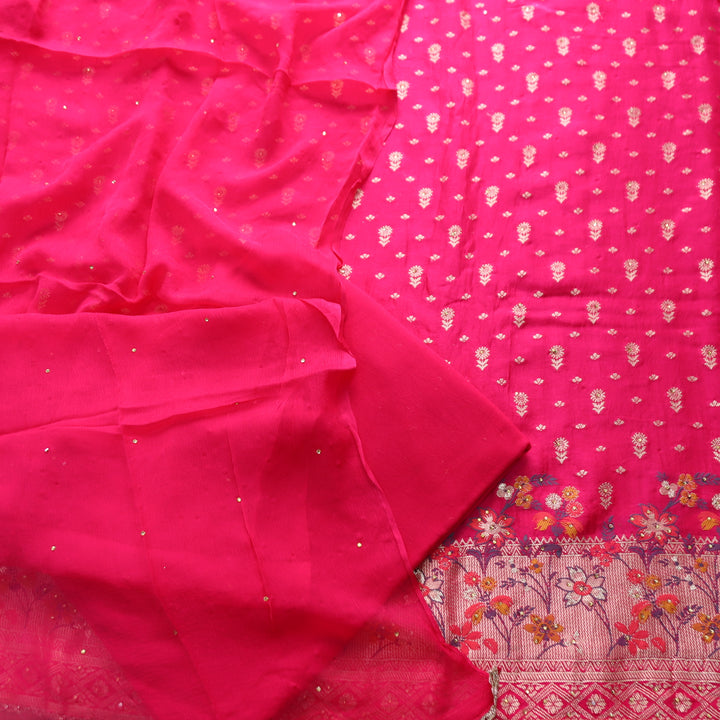 Naari Rani Pink All Over Zari Work with Jacquard Weaved Dola Silk Suit Set